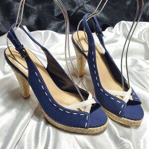 NEW BOSTON DESIGN fabric sling back espadrille platform heels white lace accent